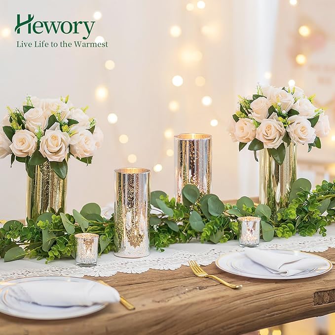 Glass Cylinder Vases Set of 12, Hewory Glittery Gold Vase for Centerpieces, Glass Hurricane Candle Holders for Pillar Floating Candle, Tall Round Vase for Wedding Anniversary Events Home Table Decor