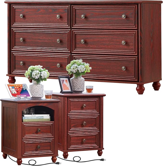 Dressers & Night Stand Set of 3, Wood 54'' Wide Dresser & 18'' Chest of Drawers, Roman Column 2 & 3 Drawer Nightstand Set of 2, Furniture 6 Drawer Dresser Suites for Bedroom Living Room, Hallway, Home