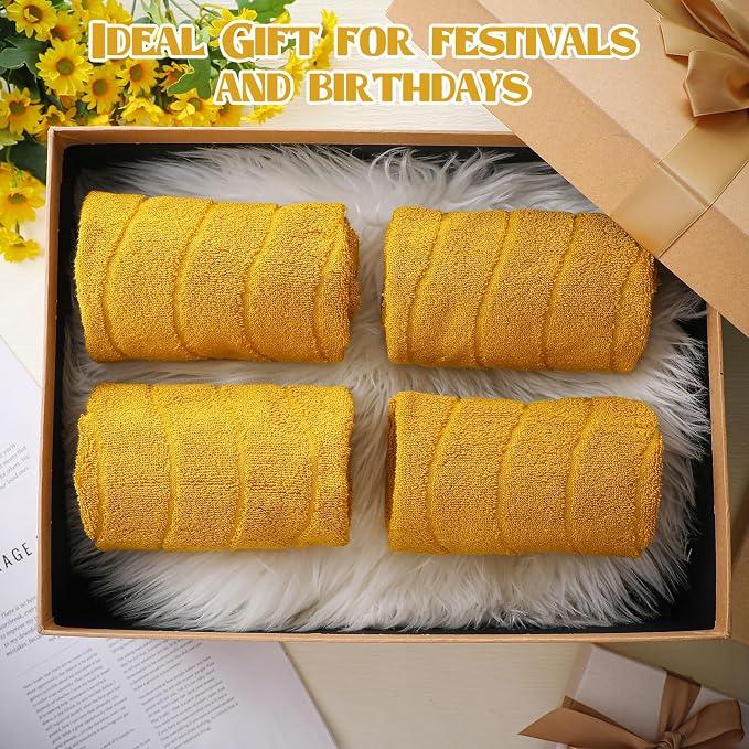 VitalCozy 4pcs Yellow Hand Towels Set for Bathroom Decorative 14x29 Inch Wavy Striped 100% Cotton Soft Absorbent for Bathroom Kitchen Mustard Fall Gift for Festival
