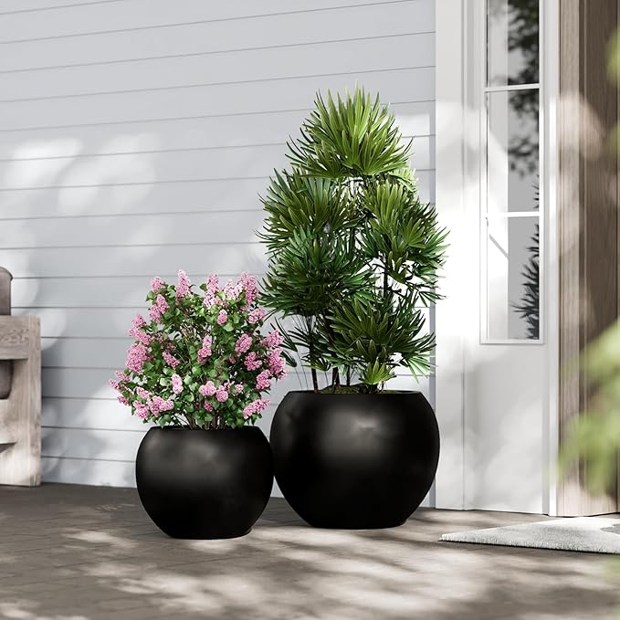 DTY Signature Mount Sherman Modern Indoor Outdoor Fiberstone Sphere Planter, Durable Round Garden Pot, Weather Resistant, Drainage Hole & Rubber Plug, Planter for Christmas Tree - Medium, Black