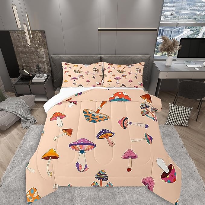 Castle Fairy Retro Trippy Mushroom Comforter Set Full Size,Hippie Plant Bedding Comforters for Girls Teens Gift,60s 70s Cartoon Style Quilt Set with 2 Pillowcases,Chic