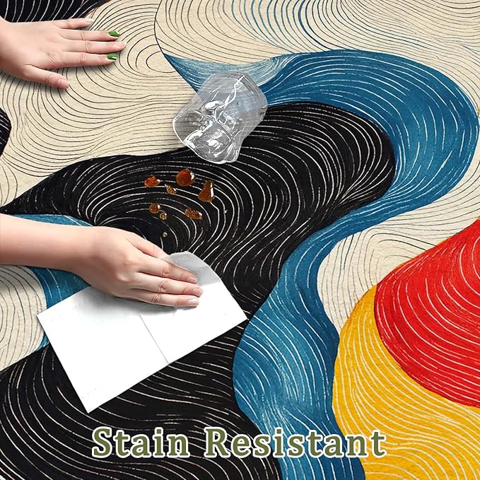 6x9 Colorful Area Rug Modern Abstract Black White Blue Beige Red Yellow Bedroom Rug Soft Low Pile Thin Large Carpet Living Room Non Slip Dining Room Stain Resistant Office Washable Machine