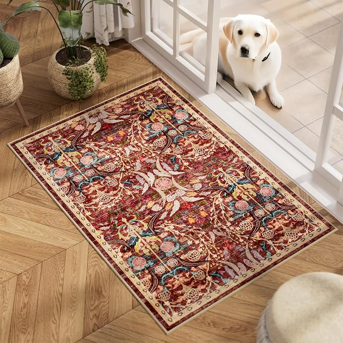AMTOVO 2x3 Washable Indoor Welcome Door Mat, Vintage Boho Floral Distressed Print Non-Slip Area Rug, Small Throw Rugs for Entryway Indoor Entrance Kitchen Bathroom Laundry Bedroom Floor, Red
