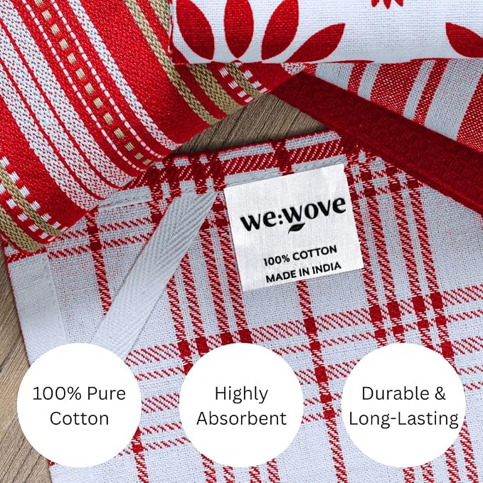 WeWove Assorted Kitchen Towels Set of 5-100% Cotton Dish Cloths Towels with Hanging Loop - Soft Absorbent Washable Reusable for Kitchen Use - Quick Drying 16x26 inch Dish Towels Red