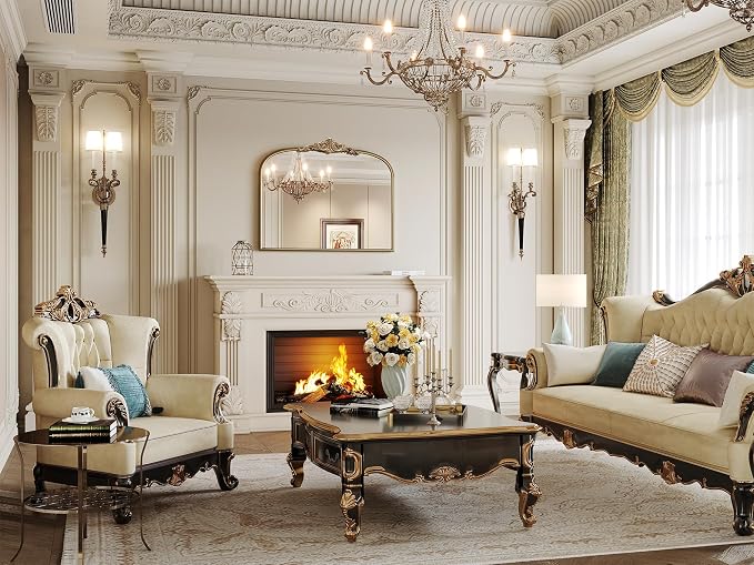 Arched Antique Gold Wall Mirror, 30" Lx40 W Vintage Mantel Bathroom Mirror Over Sink, Ornate Champagne Bronze Wide Large Arched Mirrors for Bedroom, Livingroom, Entryway, Fireplace
