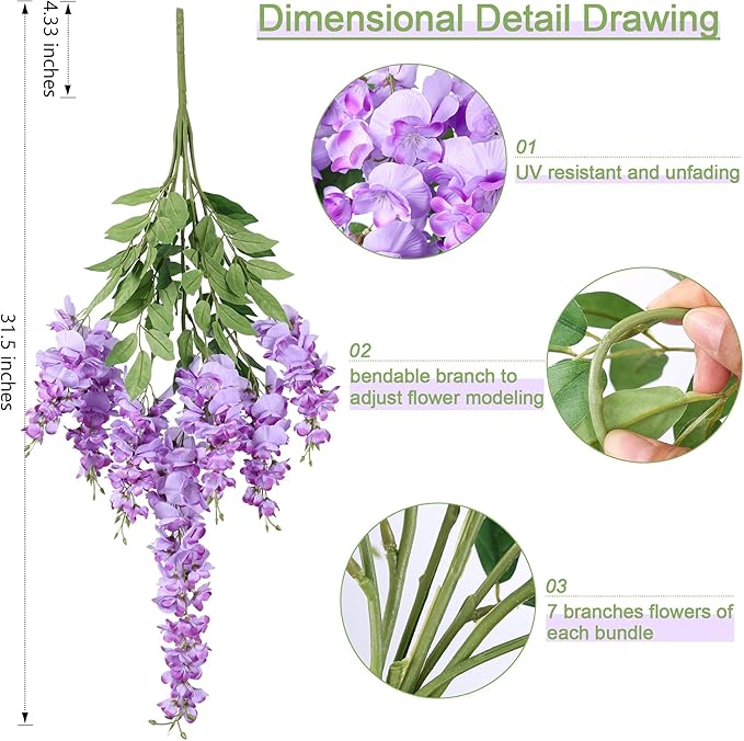 HyeFlora Artificial Hanging Flowers Spring Fake Flower for Vase, 2Pcs Light Purple Silk Wisteria UV & Fading Resistant Faux Flowers for Centerpiece Table, Bedroom Kitchen Living Room Bathroom