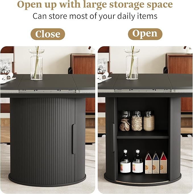 weselon 43"-59" Extendable Round to Oval Dining Table with Hidden Storage, Modern Wooden Kitchen Table with Fluted Sliding Door Cabinet, Expandable Dinner Table for Dining Room Living Room (Black)