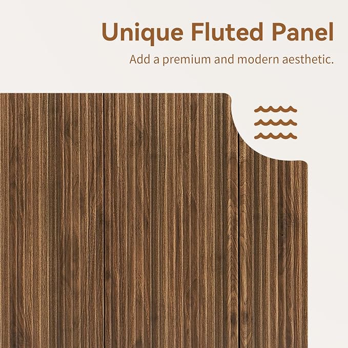 64" Sideboard Buffet Cabinet with Storage, Modern Fluted Credenza with Adjustable Shelves, Wood Faux Marble-Top Coffee Bar Console Table for Living Room Kitchen Dining Room, 31.5" H, Walnut