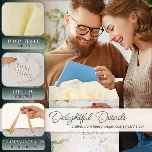 Christian Art Gifts Large Landscape Gift Bag Set - Inspirational Scripture & Floral Design, Love Is Kind Verse, Satin Ribbon Handles