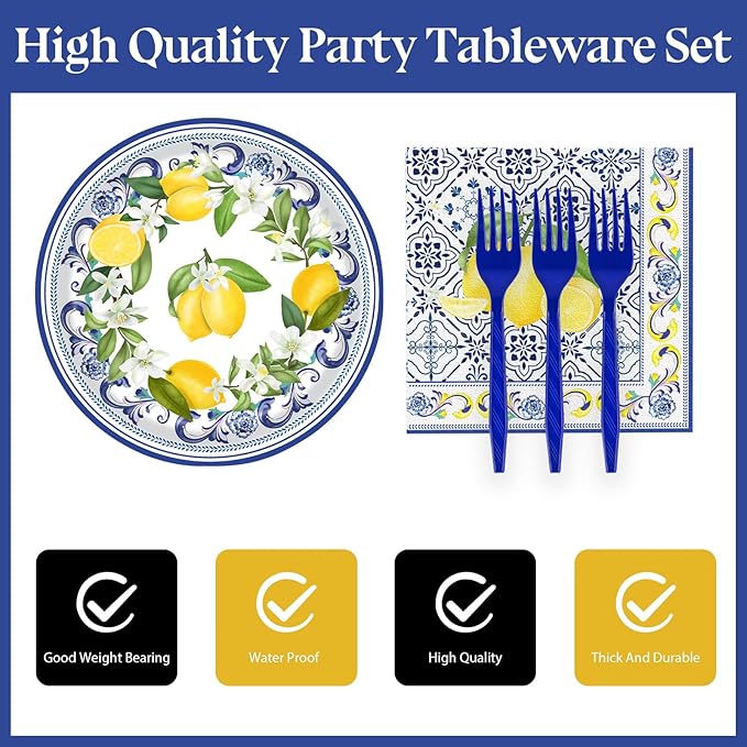 72 Pcs Lemon Paper Plates and Napkins Party Supplies , Blue Tiles Yellow Lemon Party Decorations Disposable Party Plates and Napkins Tableware Set for Birthday Wedding Baby Showe Serves 24 (Lemon)