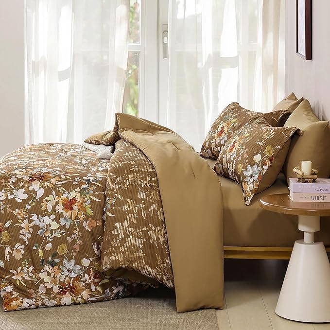 Dobuyly Fall Queen Comforter Set, 7 Pieces Brown Floral Comforter Set, Bed in a Bag Queen with Botanical Flowers Pattern, Farmhouse Queen Size Bedding Set with Sheets, Pillowcases & Shams