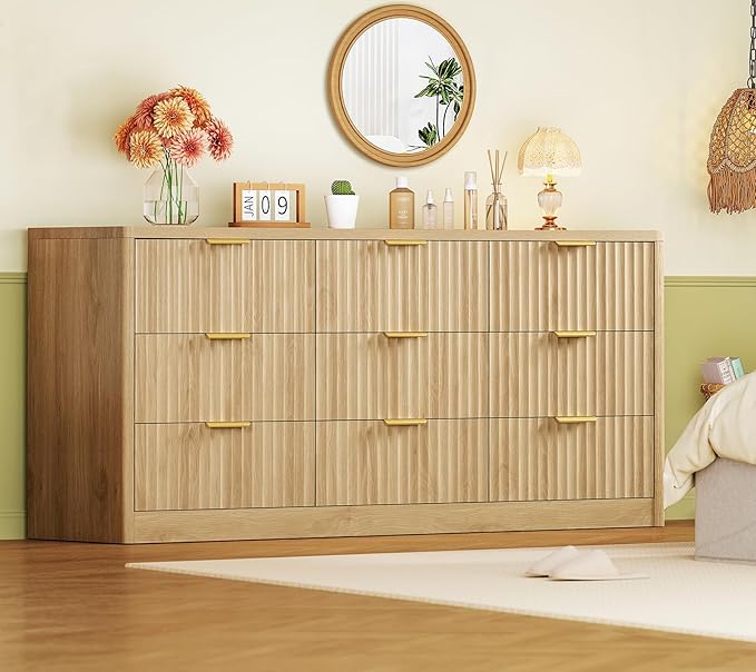TEENFON Fluted Dresser for Bedroom with 9 Drawers, 63" Wide Modern Chest of Drawers with Metal Handle & Curved Profile Design, Wood Closet Clothes Storage Organizer for Living Room, Hallway, Natural