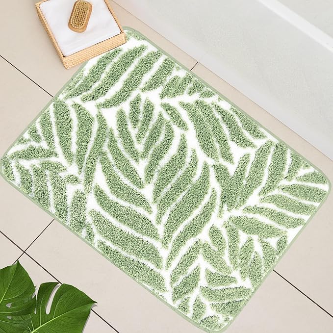 Sage Green Bathroom Rugs - Small Bath Mats for Bathroom Non Slip Sage Green Decor Water Absorbent Bath Rugs for Sink Bathtub Leaf Green Rug 16" x 24"