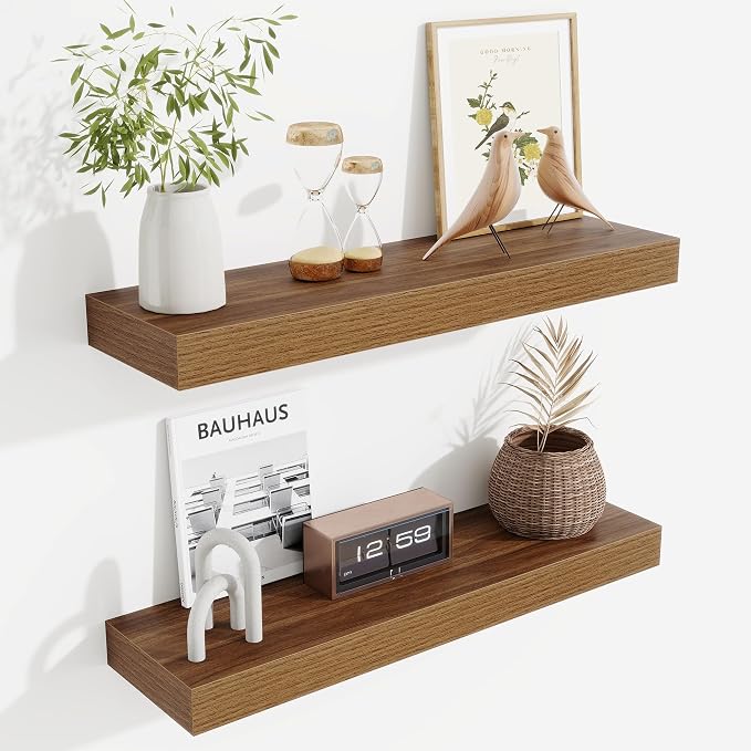 Fun Memories Floating Shelves Set of 2, 24 Inch Floating Shelves for Wall, Wood Wall Shelves with Invisible Brackets, for Bathroom, Bedroom, Living Room, Kitchen, Walnut
