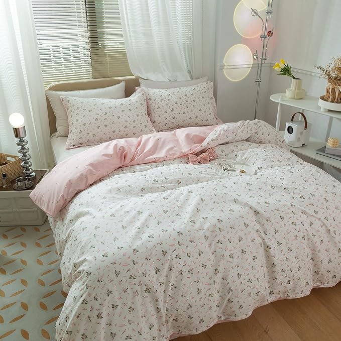 Floral Girls Duvet Cover Full Size 100% Cotton Pink Floral Duvet Cover Chic Garden Style Botanical Flower Bedding Set Lightweight Soft Aesthetic Floral Comforter Cover with 2 Pillowcases, No Comforter