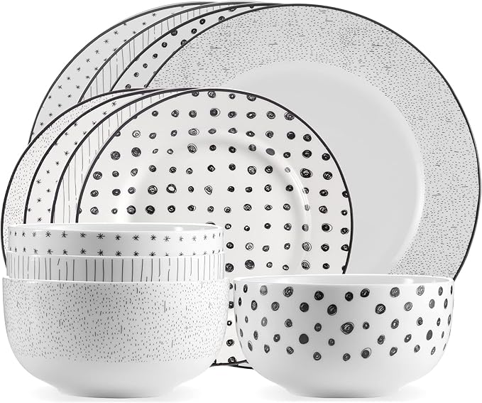 Safdie & Co. 12-Piece Black & White Sketch Dinnerware Set, Porcelain, Includes Plates, Bowls, and Serving Dishes, Dishwasher Safe