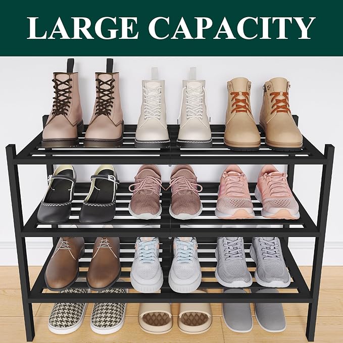 Smiry Bamboo Shoe Rack 3-Tier, Stackable Wooden Shoe Organizer for Entryway & Closet, Free Standing Wood Shoe Storage Shelf for Front Door & Small Spaces, Black