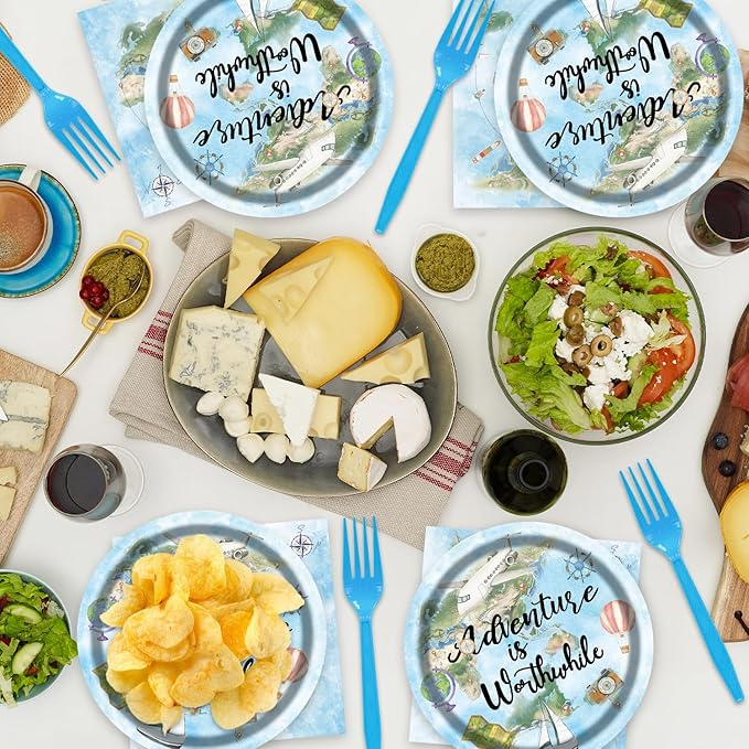48pcs Adventure World Awaits Map Party Decoration Set,16 Dessert plate,16 Napkin And 16 Fork,16 persons Disposable tableware,Used The Adventure Begin Birthday Party Supplies