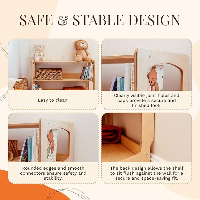 WOOD&ROOM Montessori Bookshelf for Toddlers - Wooden Book and Toy Shelf Organizer - Kids Bookshelf for Nursery, Classroom and Playroom - Front Facing Floor Bookcase for Kids, Childrens Room Storage