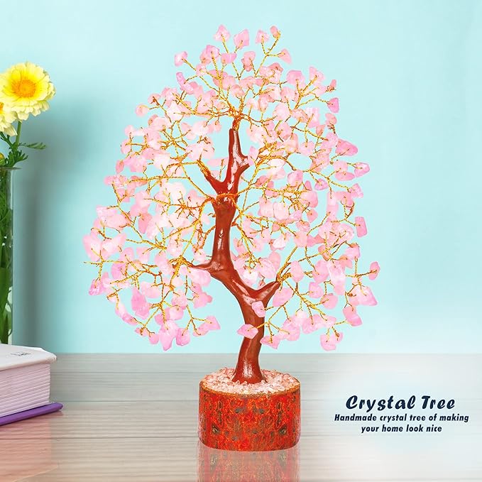 Rose Quartz Feng Shui Crystal Tree - Pink Spiritual Decor - Gemstone Bonsai Tree - Positive Energy Pink Desk Accessory
