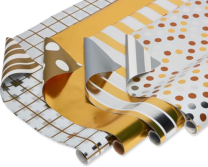 American Greetings Foil Wrapping Paper Rolls for Christmas, Weddings or Any Occasion, Metallic Gold and White Holiday Gift Wrap (80 sq. ft., 4 Rolls-30 in. x 8 ft., Reversible) Stripes, Polka Dots