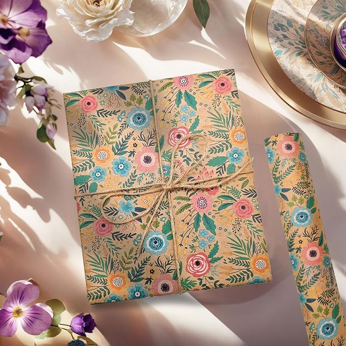 VCOOHM Floral Kraft Wrapping Paper Roll – 17 Inch x 16.4 Feet – Elegant Garden Flower Design – Gift Wrap for Birthday, Wedding, Baby Shower, Bridal Shower and More