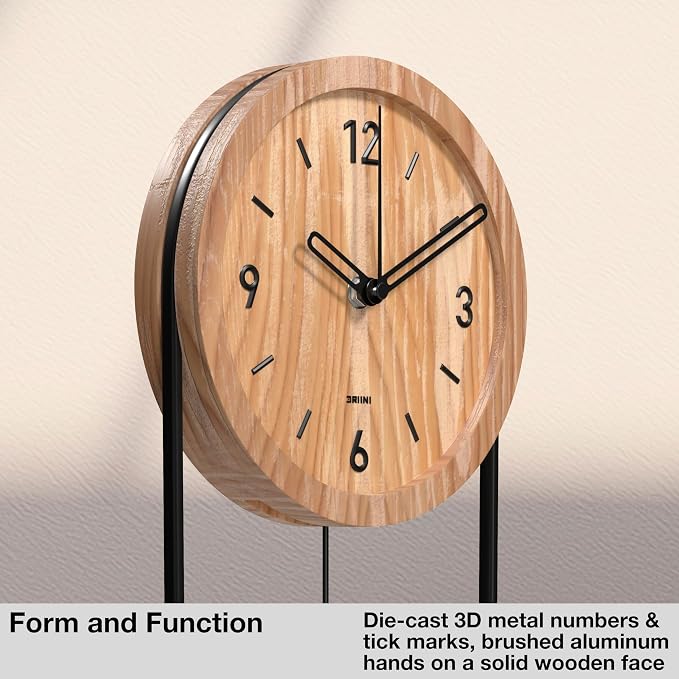 Driini Decorative Wall Clock with Pendulum (Oak) – Modern Wood, 3D Gold Numbers, Metal Frame – Small, Unique Wall Clocks for Living Room Decor or Bathroom - Battery Operated, Silent, Non-Ticking