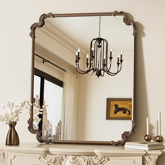 TETOTE Antique Gold Brass Rectangle Mirror for Mantle Fireplace 30 x 36 Baroque Vintage Ornate Scroll Wall Mirror with Metal Frame for Traditional Victorian French Decor, Horizontal/Vertical