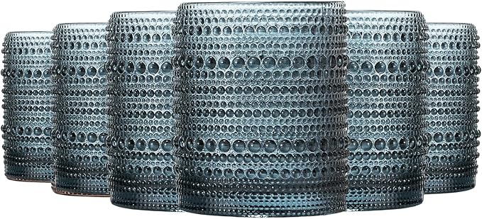 Blue Hobnail Drinking Tumbler | Set of 6 | 11 OZ Bubble Design Vintage Glassware, Beverage Glasses Bubble Water, Wine, Old Fashioned Cocktail, Whiskey Rocks Glass Cup, Elegant Glassware Gifts For Home