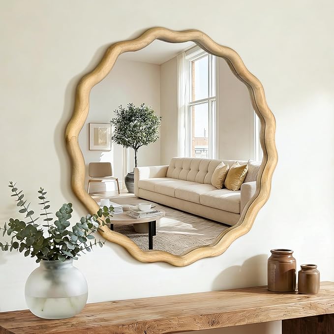 AMOISE Scalloped Round Mirror 24", Boho Wavy Wooden Frame Wall Mirror, Shatterproof Circle Accent Mirror for Bathroom, Bedroom, Entryway and Living Room