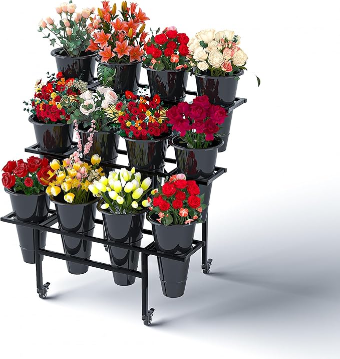 Zhongma 3 Tier Metal Flower Display Stand with 12pcs Plastic Buckets for Fresh Flowers Heavy Duty Garden Cart Moving Flower Bucket Stand with Wheels