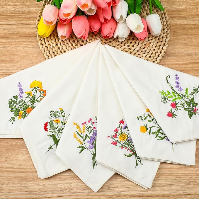 Tioncy 24 Pcs Christmas Floral Cloth Napkins Decorations Bulk Embroidered Wildflower Dinner Napkins Tea Cocktail Party Gifts Xmas Stocking Stuffers for Holiday Table Decor (White)