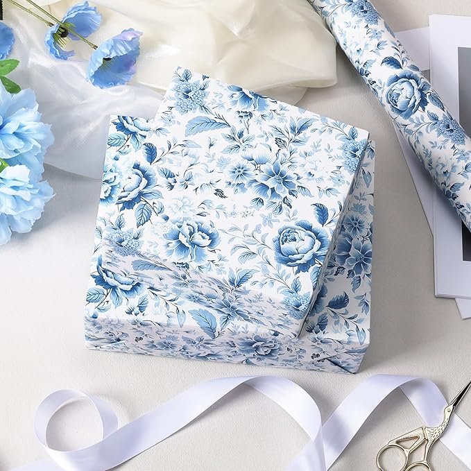 BIOBROWN Floral Wrapping Paper Jumbo Roll - 17 Inch X 33 Feet (82.5 sq. ft. ttl.) Blue White Peony Design Chinoiserie Gift Wrap Stone Paper for Christmas, Wedding, Bridal Shower, Mother's Day
