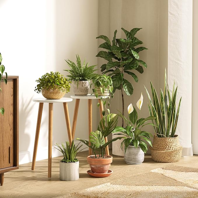 Uneedem Plant Stand Indoor, Mid Century Modern Small Round Plant Table for Flower Pots, 20.5" Tall Plant Holder Wood Stool for Living Room (2 Pack)