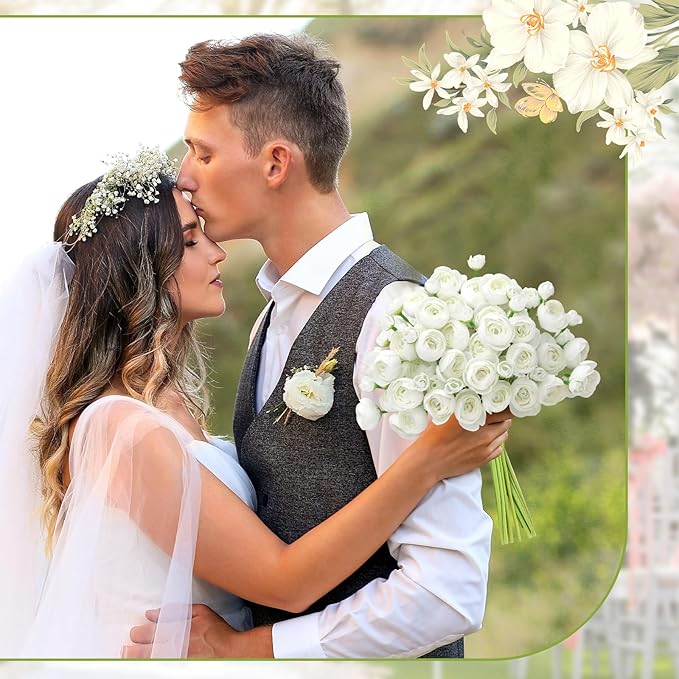 Ranunculus Artificial Flower White Faux Silk Mini Peony Flowers Fake Peonies Wedding Flowers DIY Bouquet for Centerpieces Arrangements Bridal Shower Decorations 18 Pcs(White)