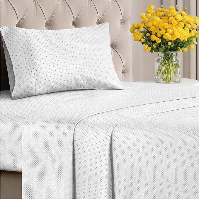 Black Polka Dots Bed Sheet Set – 1 Flat & 1 Fitted Sheet & 1 Pillowcase w/ Deep Pockets – Polka Dot Bedding - Wrinkle & Fade Resistant - Soft, Breathable & Cooling - Comfy, Luxury Bed Set - Twin Size