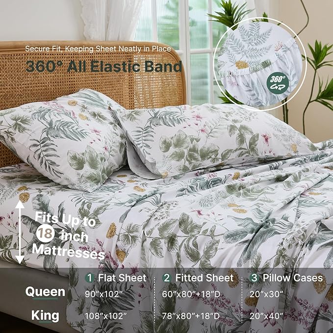 100% Cotton Sheet Set Queen Size – 4-Piece Vintage Sage Green Floral Bedding Set, Soft Breathable Percale Weave, Deep Pocket Fitted Sheet 17.5", Crisp Cool Feel, Refined Botanical Elegance