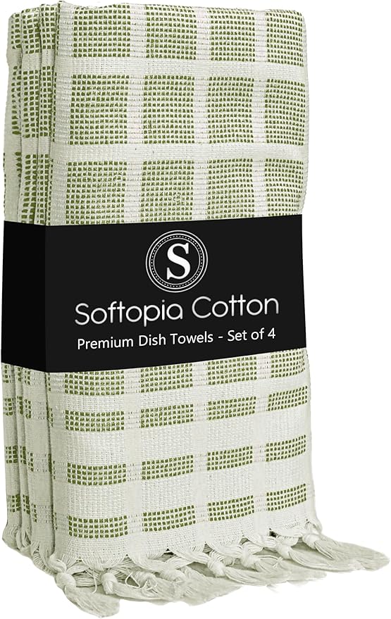 Matrix Dobby Kitchen Towels 4 Pack 100% Cotton, 16x26 Inches, Fast Drying, Absorbent Dish Towels with Handmade Tassels, Reusable Cleaning Cloths for Daily Use - Mint Green, White