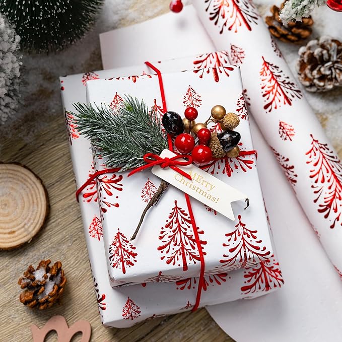 Flyhill Kraft Christmas Wrapping Paper-White 3D Embossed Gold Foil Christmas Pine Tree with Woodlands for Holiday, Party,Celebration, New Year (17 Inch X 32.8 Feet)