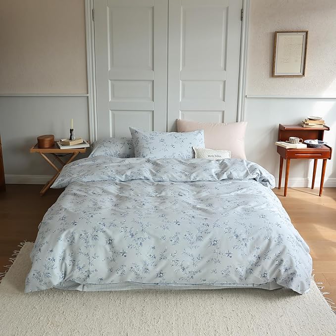LifeTB Duvet Cover Set King 100% Cotton Vintage Blue Floral Duvet Cover Aesthetic Flower Comforter Cover with Zipper Closure Cottagecore Style Duvet Cover King with 2 Pillowcases for All Season