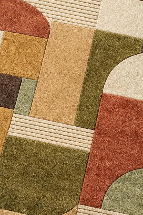 Hand Tufted Wool Geometric Rug – Mid Century Modern Terracotta Olive Cream Area Rug 8x10
