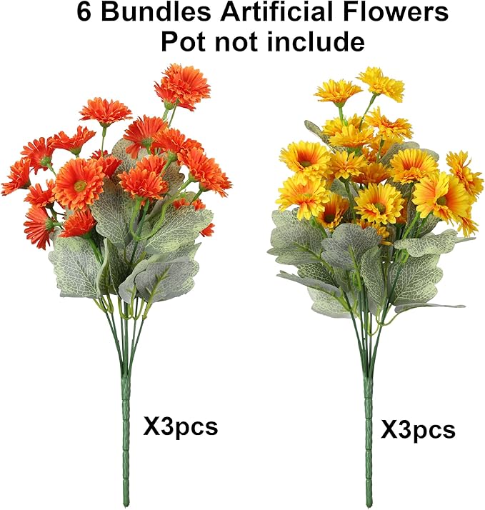 HyeFlora Dahlia Artificial Winter Flowers for Outdoors Christmas Decoration, 6 Bundles Fake Daisy Faux Plants Realistic UV Resistant Silk Flowers for Outside Planter Yard Garden Home, Orange Yellow