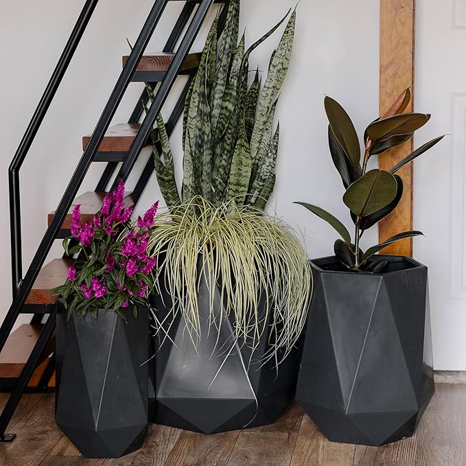 Beuta Large Planters for Outdoor Plants - Set of 3, 15.5/18/20 Inches Outdoor Planters for Porch - Tall Planter for Outdoor & Indoor Plants | Large Indoor Plant Pot- USA Made - Black