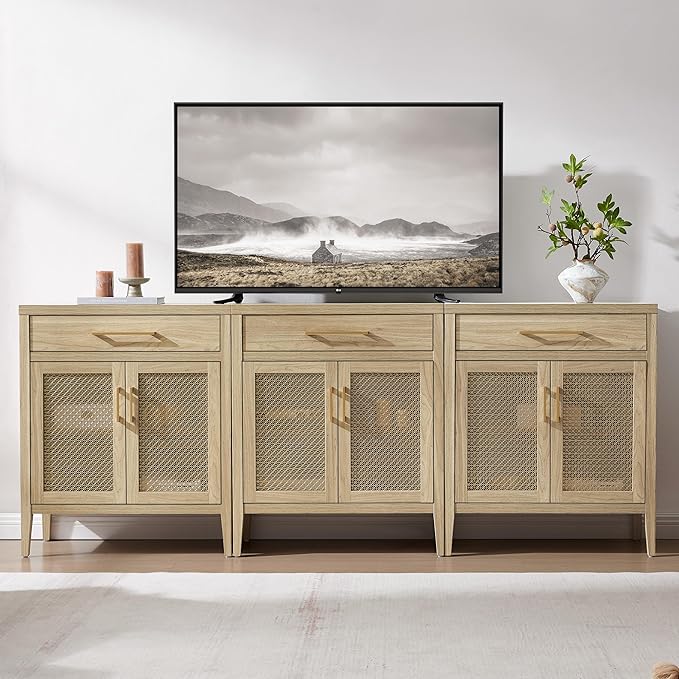 SICOTAS Sideboard Buffet Cabinet with Drawers - Credenza Storage Cabinet with Adjustable Shelves, Farmhouse Sideboards Coffee Bar Console Cabinets for Kitchen Living Room Entryway, Light Walnut, 2 PCS