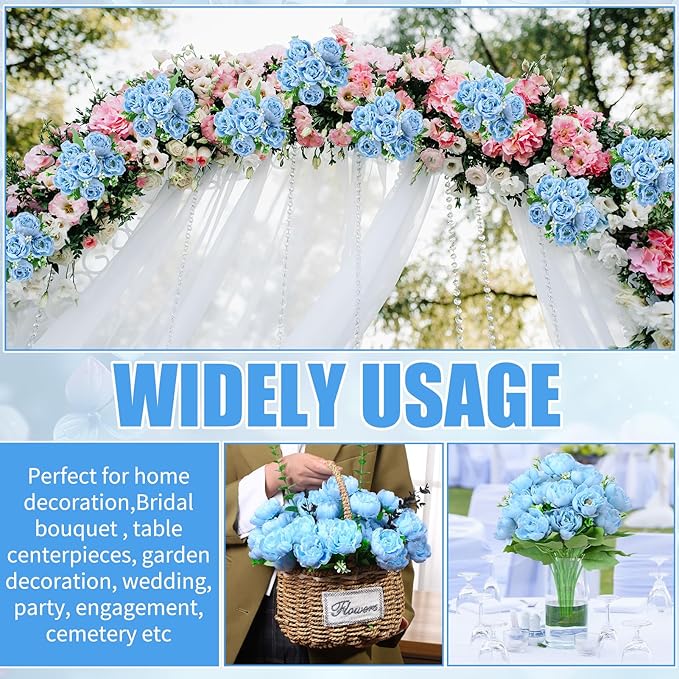 8 Pack Blue Peonies Artificial Flowers, Fake Silk Hydrangea Bouquet for Bridal Wedding Home Table Decor Reusable Dining Opening Ceremony Birthday Arrangement Faux Floral