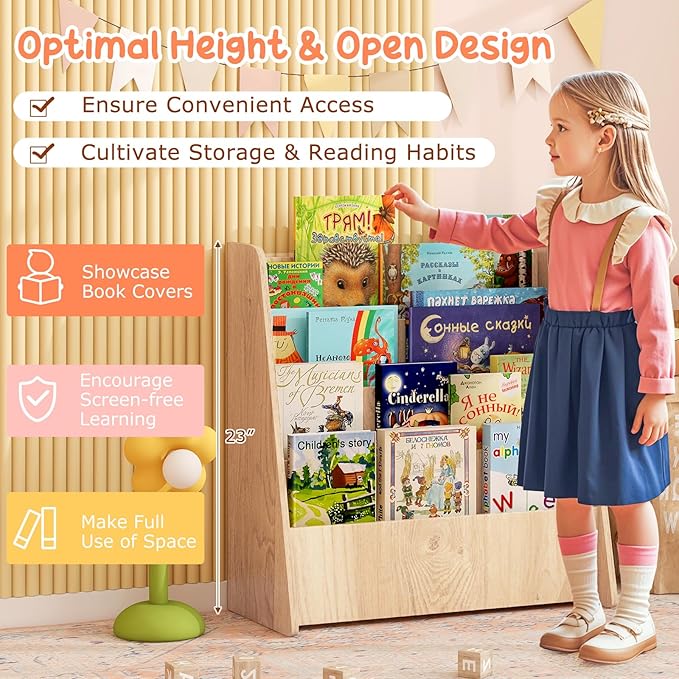 Costzon 4-Tier Kids Bookshelf, Front Facing Children Bookcase with Deep Compartments, Magazine Storage Rack for Kids Bedroom, Playroom, Nursery, Classroom, Kindergarten (Natural)