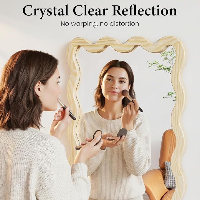 22"x30" Wood Wavy Wall Mirror for Powder Room, Solid Wood Squiggle Mirror for Vanity, Small Asymmetrical Irregular Mirror, Natural Wooden Boho Aesthetic Decor