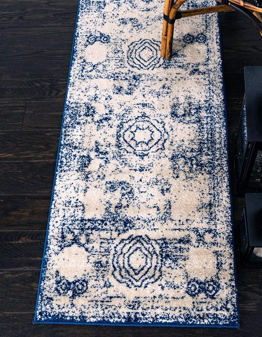 Unique Loom Bromley Collection Area Rug - Wells (2' x 6' 9" Runner, Ivory and Blue/ Ivory)