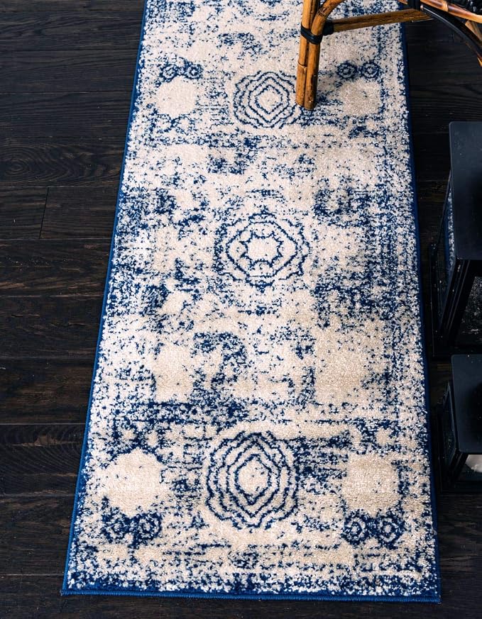 Unique Loom Bromley Collection Area Rug - Wells (2' x 13' 1" Runner, Ivory and Blue/ Ivory)