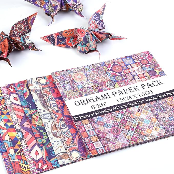 Origami Paper Kit 50 Sheets 70GSM 6 Inch Square Double Sided Color 50 Vivid Japanese Washi Chiyo Colors for Hand Crafts Origami Paper Arts Creativity.Ethnic Style